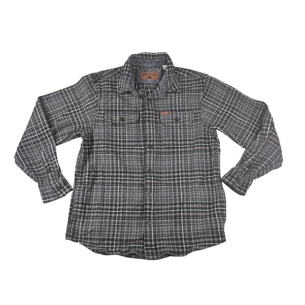 Orvis Mens Gray Plaid Flannel Button Down Shirt Corduroy Trim Size Medium
